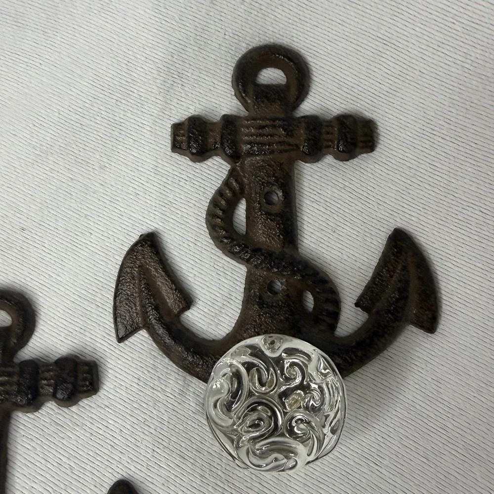 Cast Iron Anchor Hangers Towel Ring 3pc Rustic Nautical Coastal Decorative Knobs